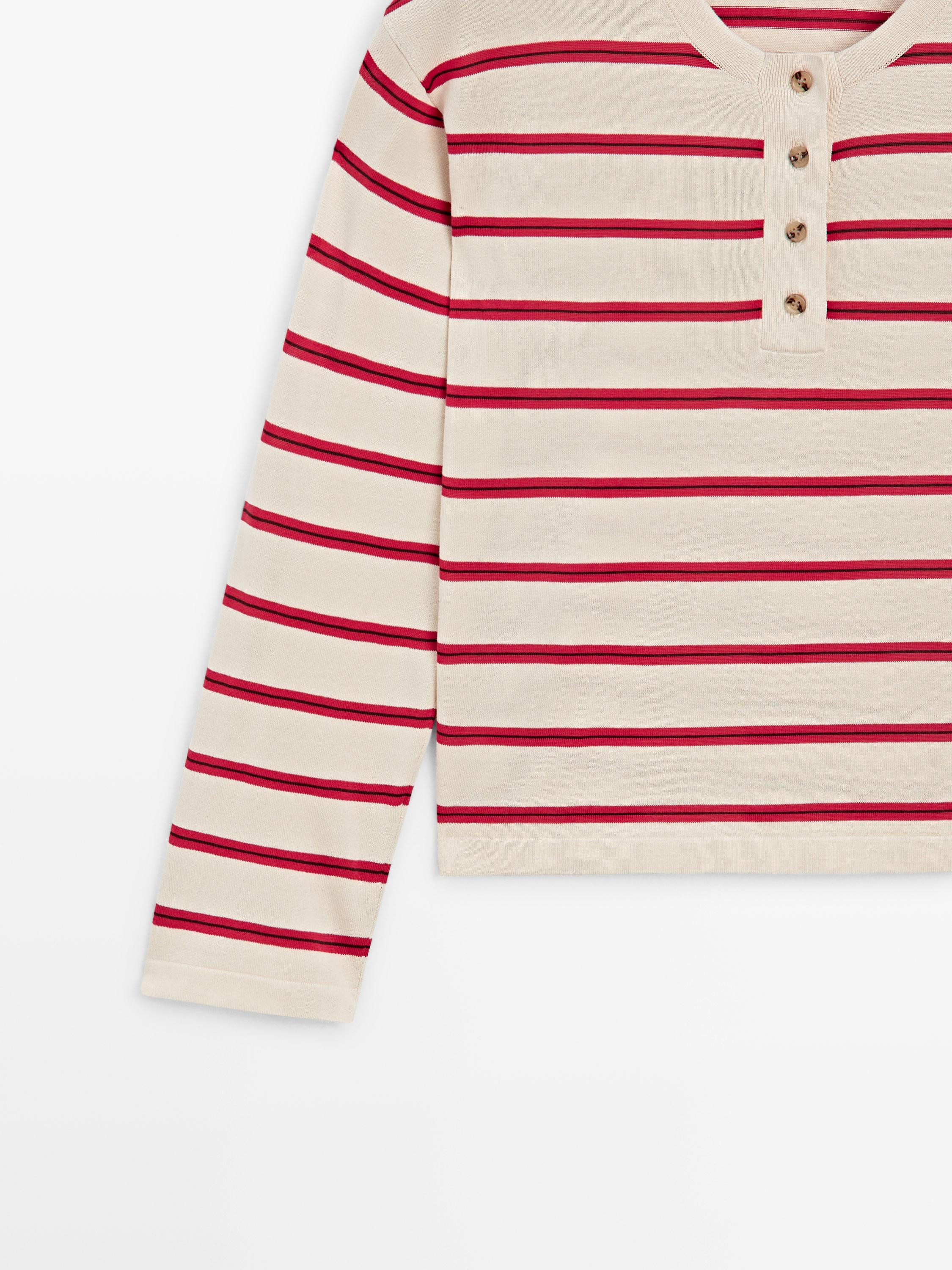 100% cotton striped knit henley sweater
